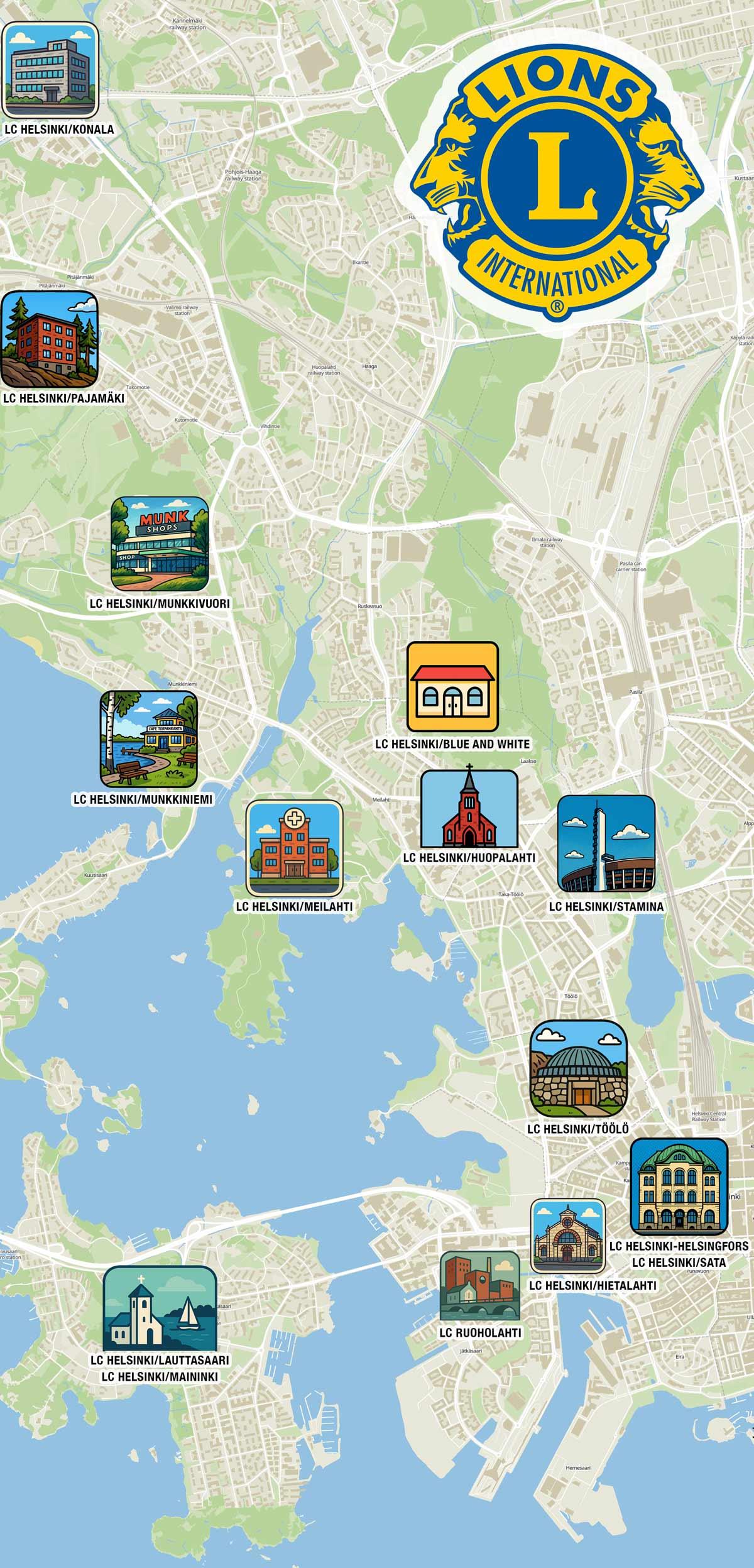 Lions klubit Helsingin kartalla.