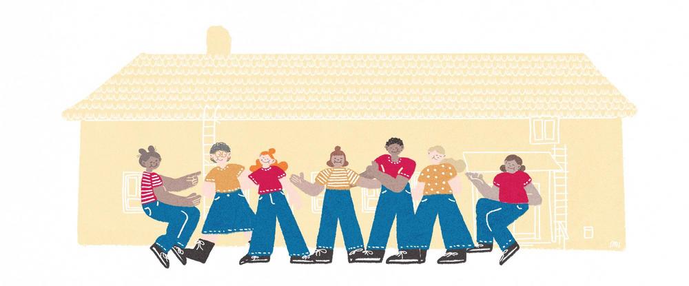 Joukko kuvitettuja ihmisiä seisoo kuvitetun Nuorisoseurantalon edessä yhdessä. 